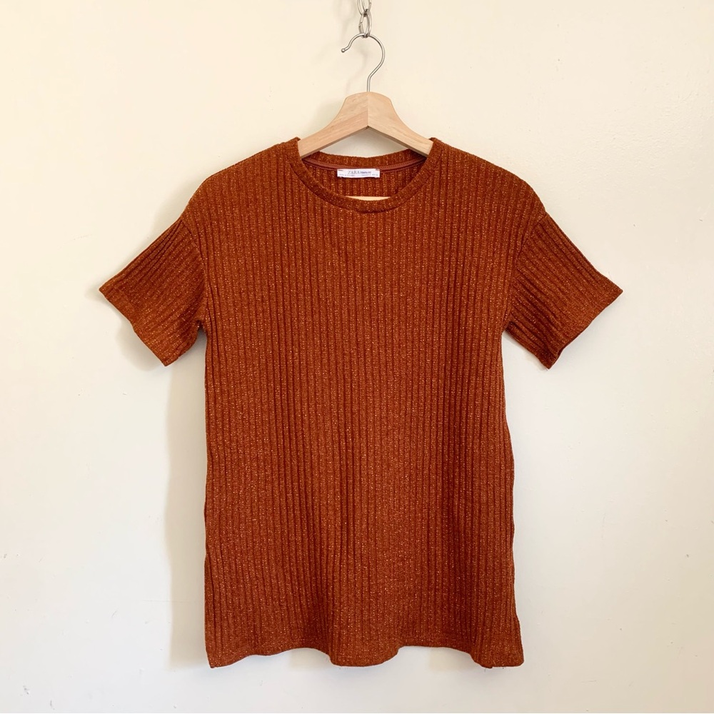 Zara Trafaluc Orange Gold Knit Short Sleeves Crewneck Sweater Small